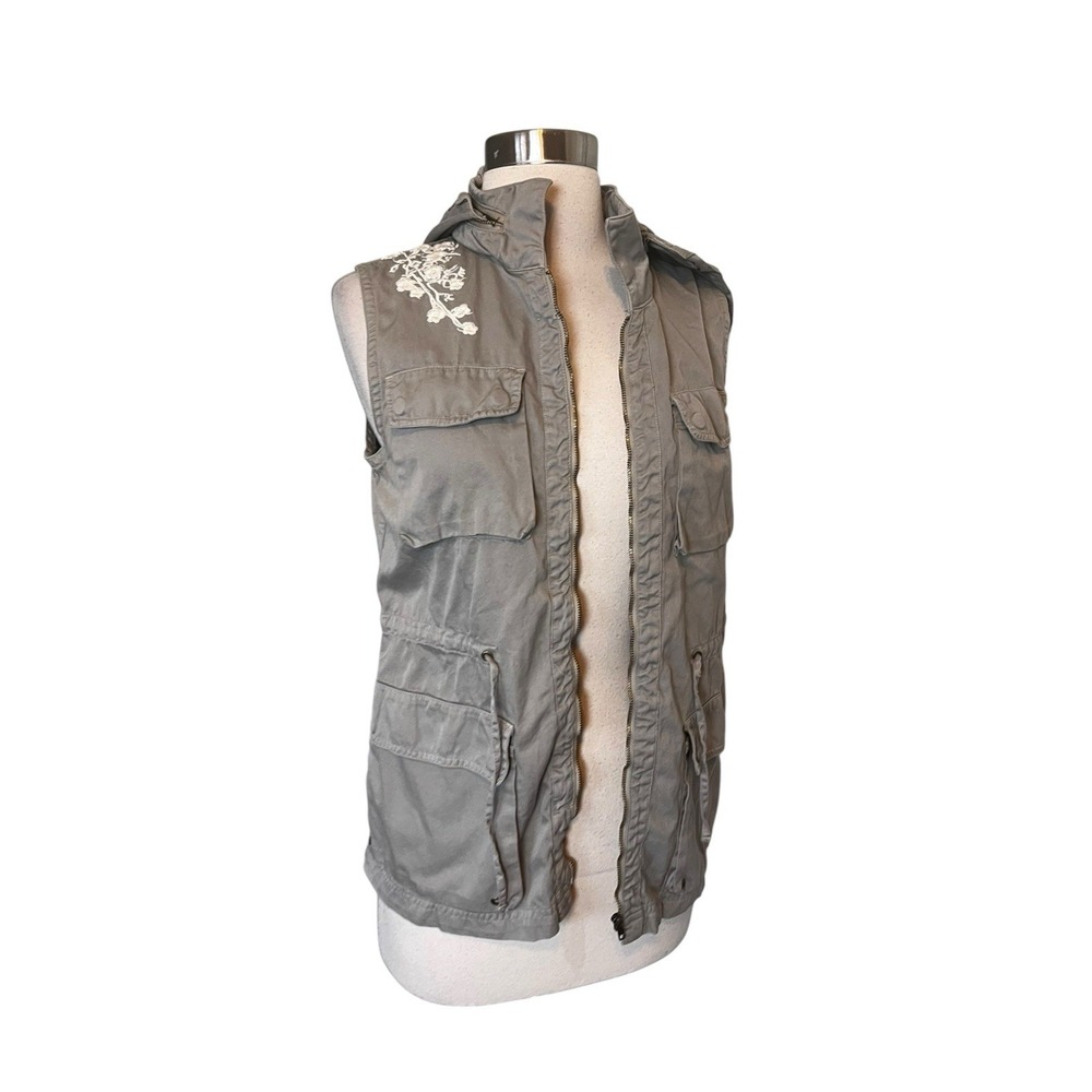 Johnny Was Utility Vest Small Gray Embroidered Hooded Joy Love Light